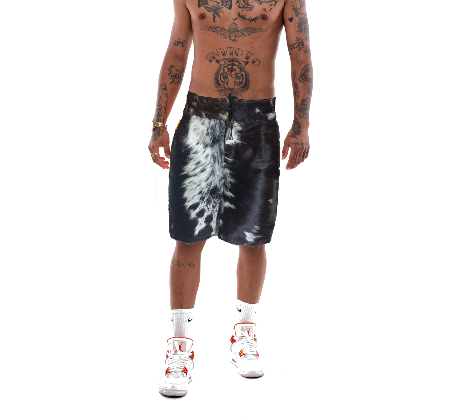 mens leather short cowhdie leather short ffor men black leather short printed short for men