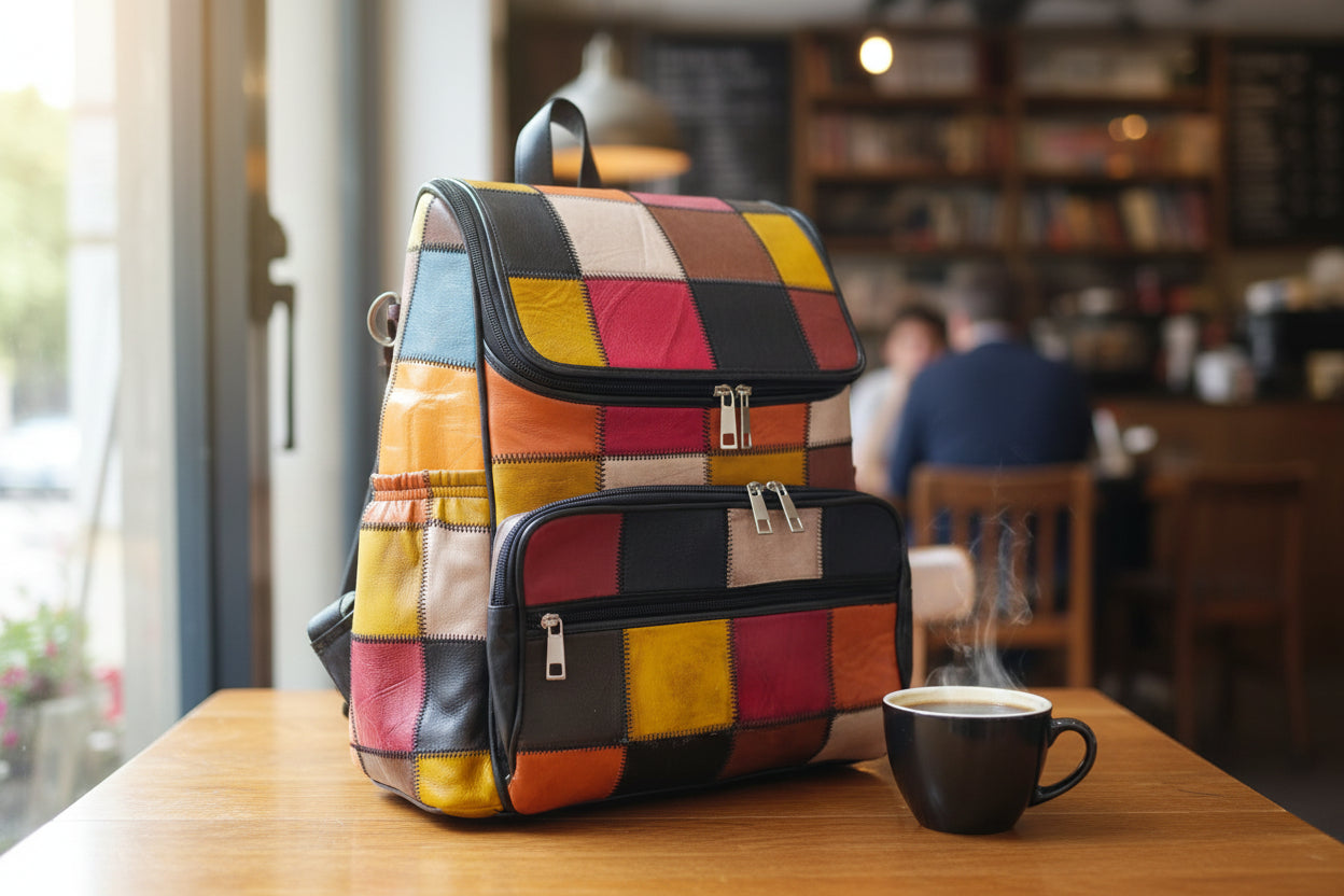 Colorful patchwork backpack and handbag on a glass table with a wooden background