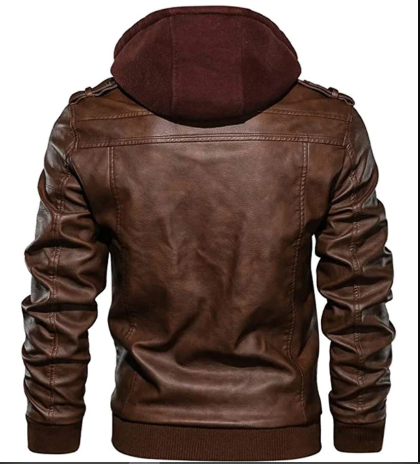 Brown Bomber Hoodie Men Leather Jacket For Men Genuine Leather