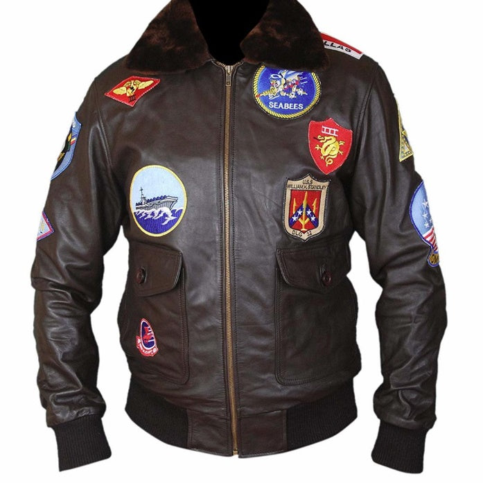Top Gun Bomber Leather Jacket For Men Brown