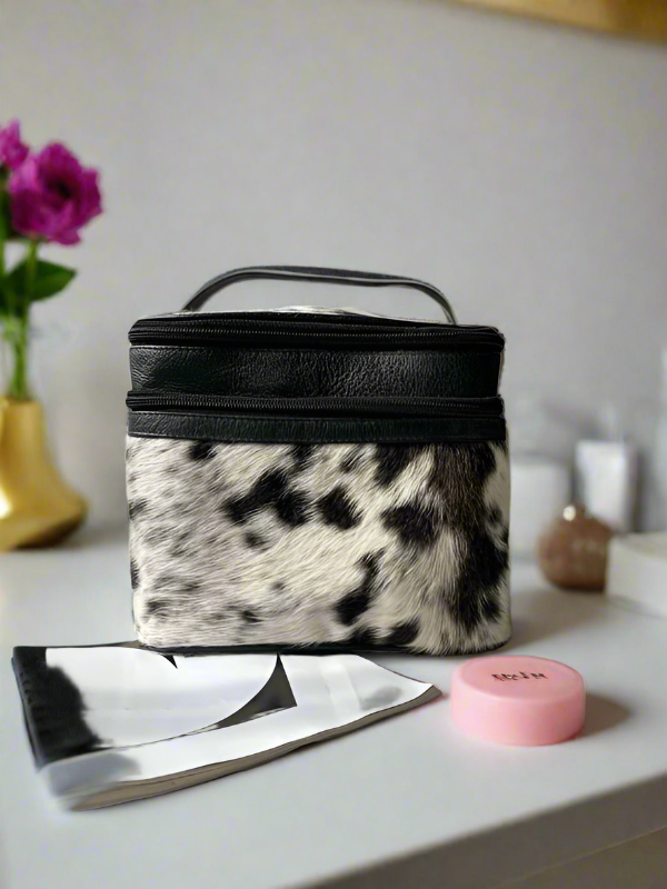 cowhide makeup bag leather makeup bag travel toiletry bag customize makeup bag gift for her cosmetic bag toiletry for women traveling vanity bag black makeup bag unique makeup bag