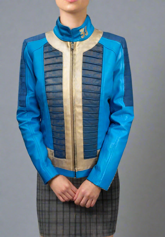 movie leather jacket blue leather jacket women vault jacket lucy jacket women cosplay jackets women real leather jacket fallout jacket women
