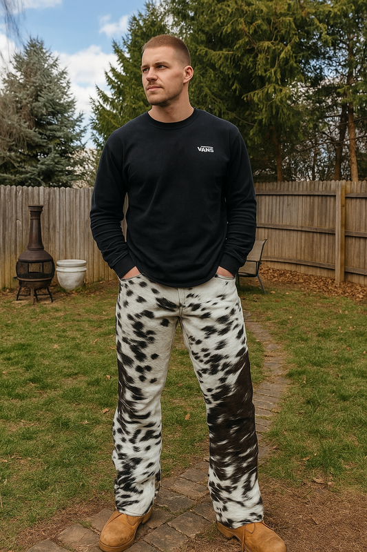men wearing a black tea shirt with a real cowhide leather pants , brown and white cowhide pants