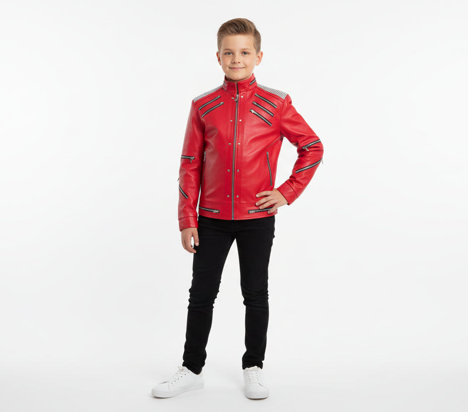 Kids Beat It Real Leather Jacket | MJ-Inspired | Black & Red