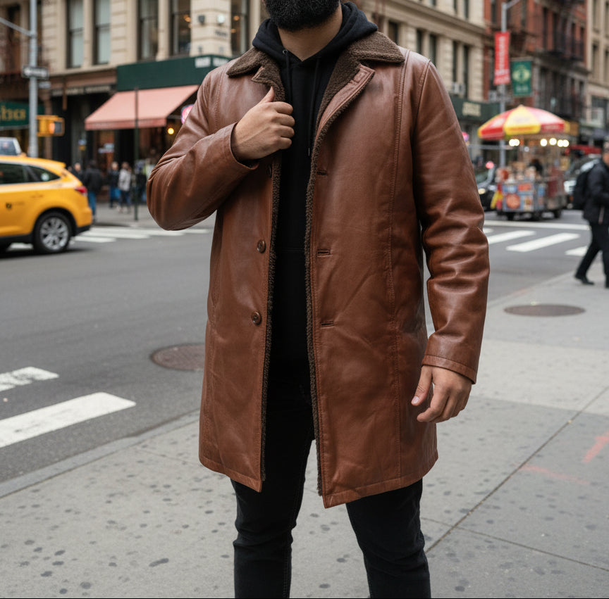 Person wearing a brown leather coat on a city street