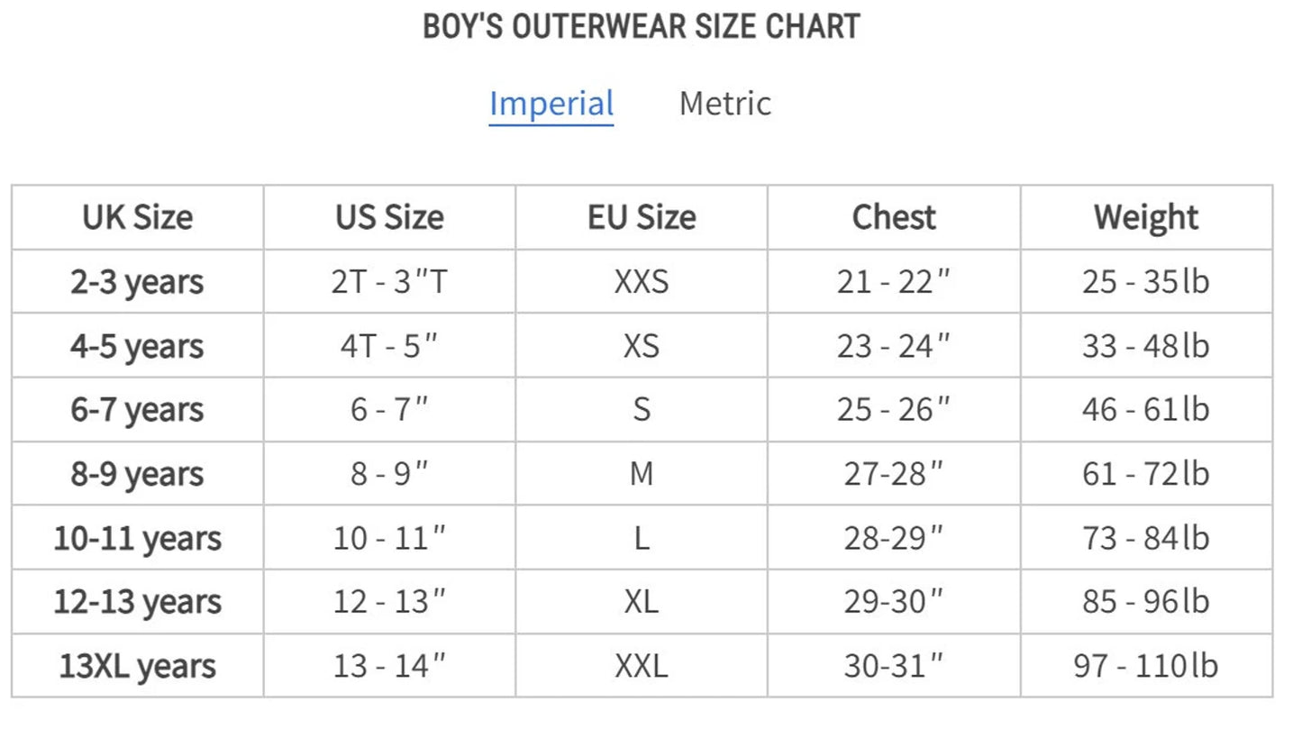 Boys' outerwear size chart comparing UK, US, and EU sizes with chest and weight measurements.