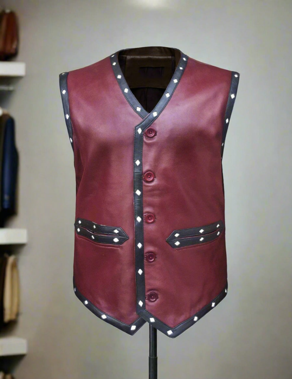 michale bbeck warrior vest for men soldier warrioir vest maroon vest for men genuine leatehr vest for men