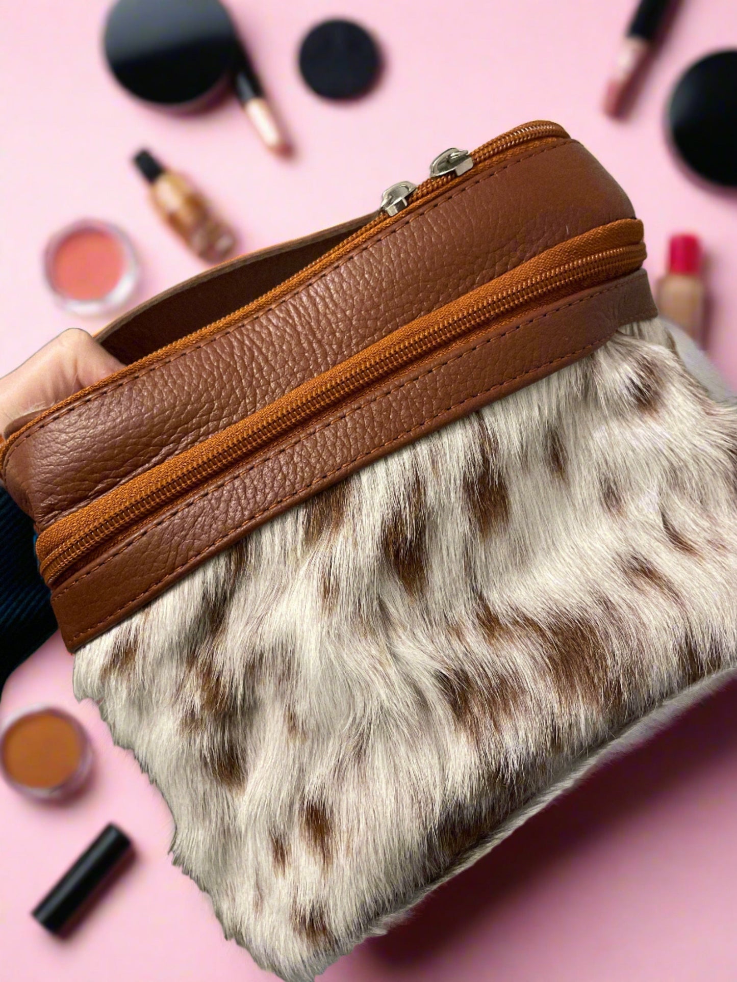 cowhide makeup bag leather makeup bag travel toiletry bag customize makeup bag gift for her cosmetic bag toiletry for women traveling vanity bag black makeup bag unique makeup bag