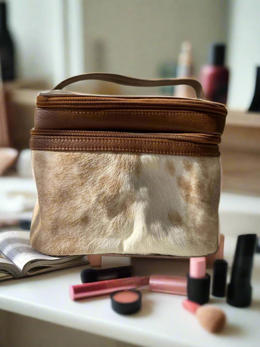 cowhide makeup bag leather makeup bag travel toiletry bag customize makeup bag gift for her cosmetic bag toiletry for women traveling vanity bag tan makeup bag unique makeup bag