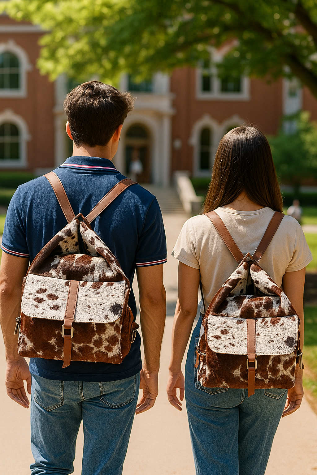 Two people walking away from the camera with cow print backpacks on a path.