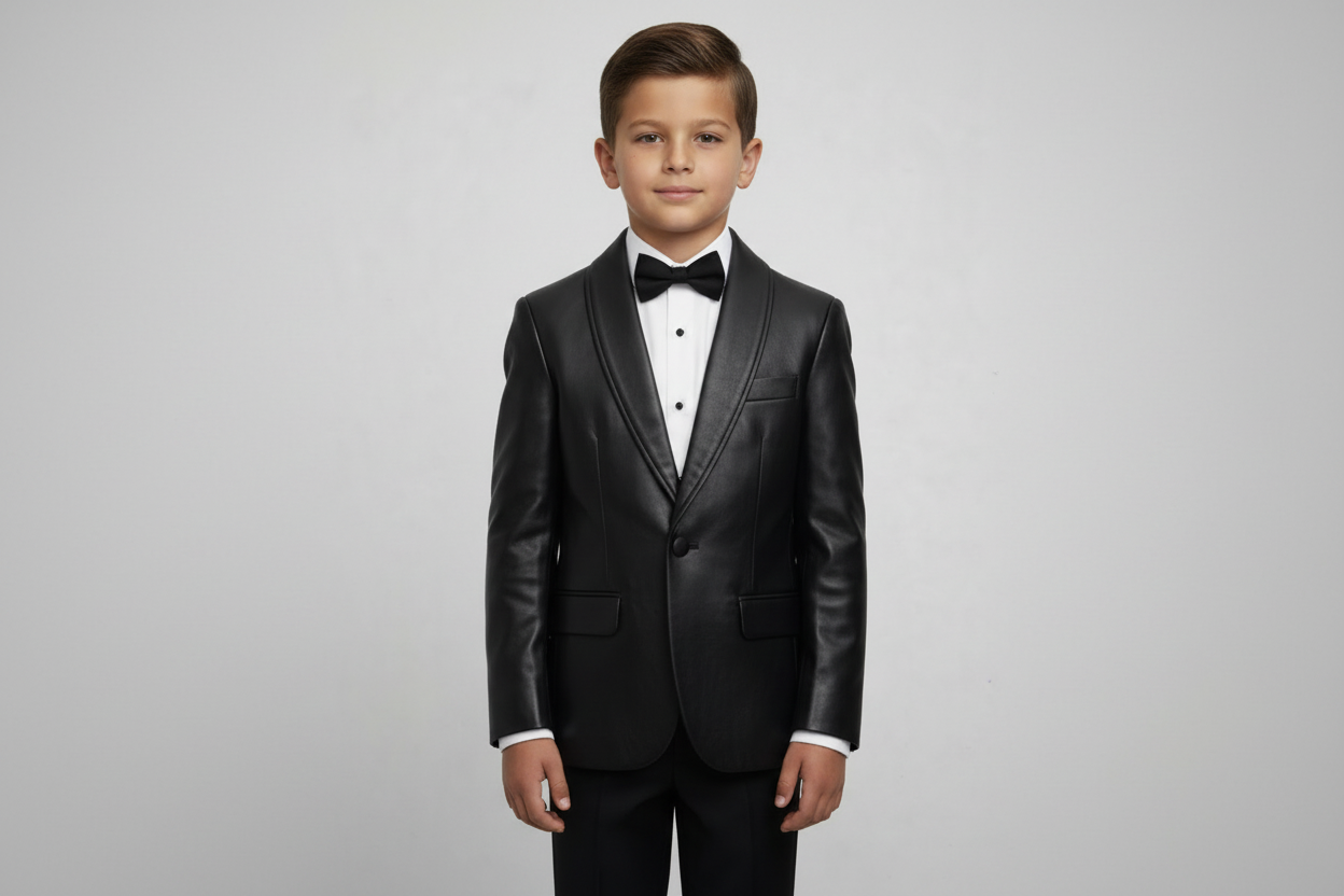 Man wearing a black leather jacket over a tuxedo on a gray background