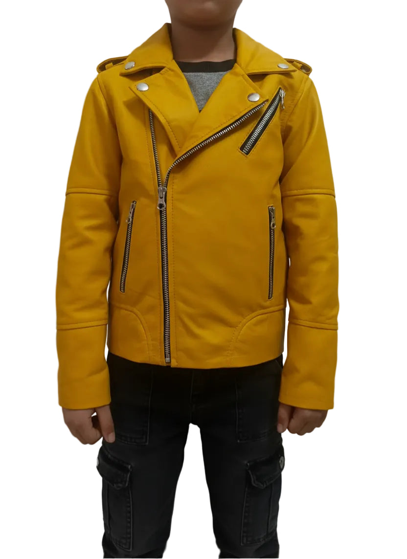 Person wearing a yellow jacket with zippers on a plain background