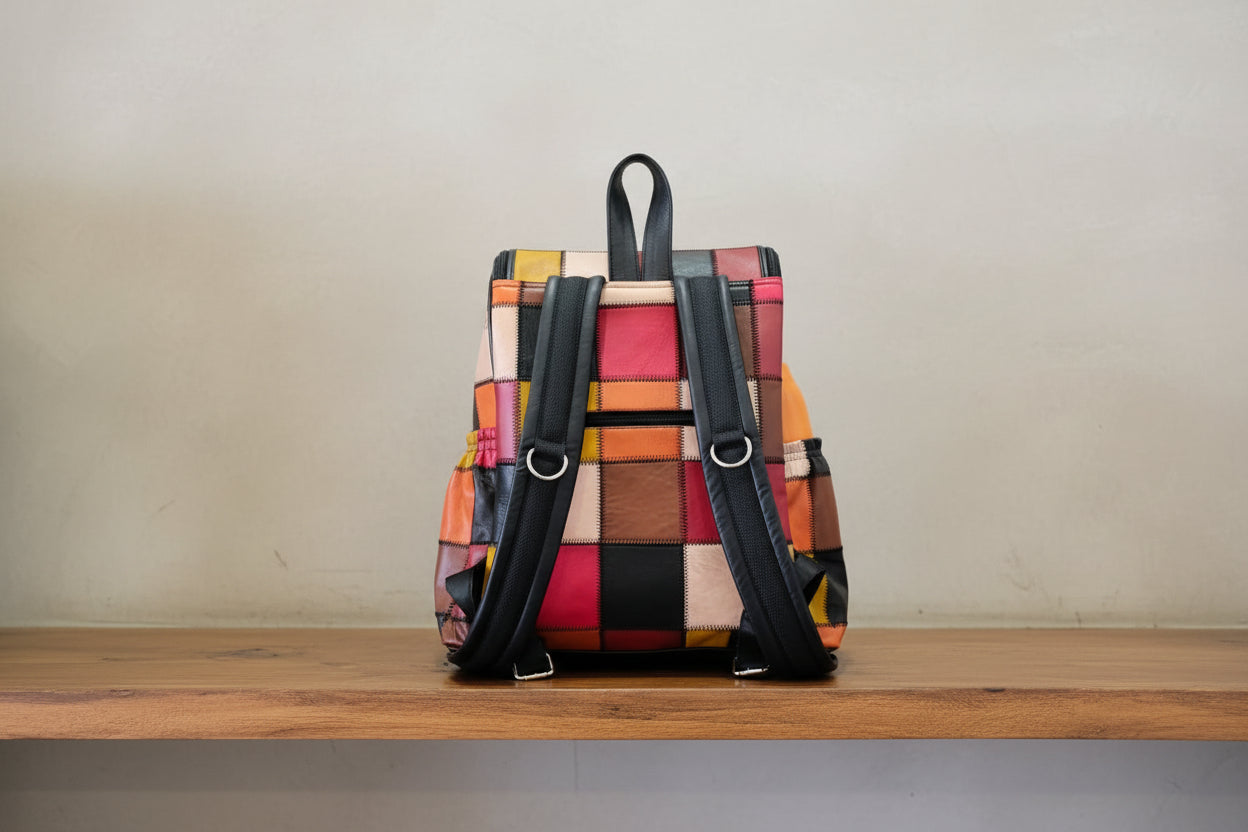 Colorful patchwork backpack on a wooden surface