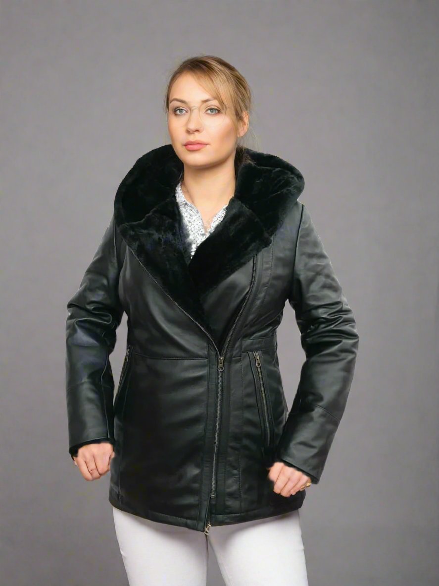 Women Leather Winter Hooded Jacket Black Fur Jacket