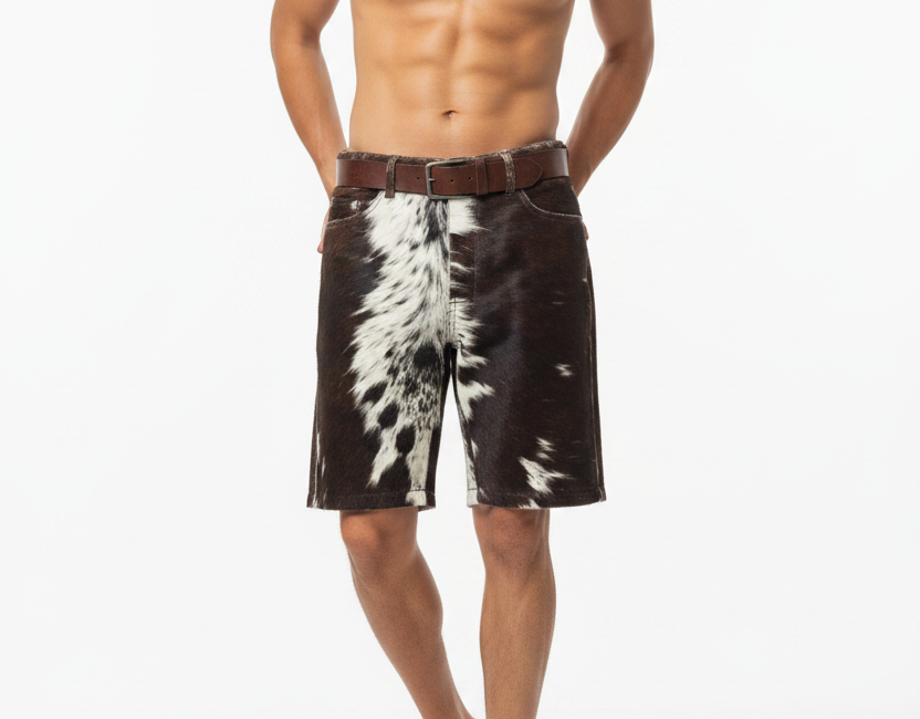 A man wearing brown leather shorts with a black and white cow-print pattern, paired with a brown leather belt, shown against a plain white background.