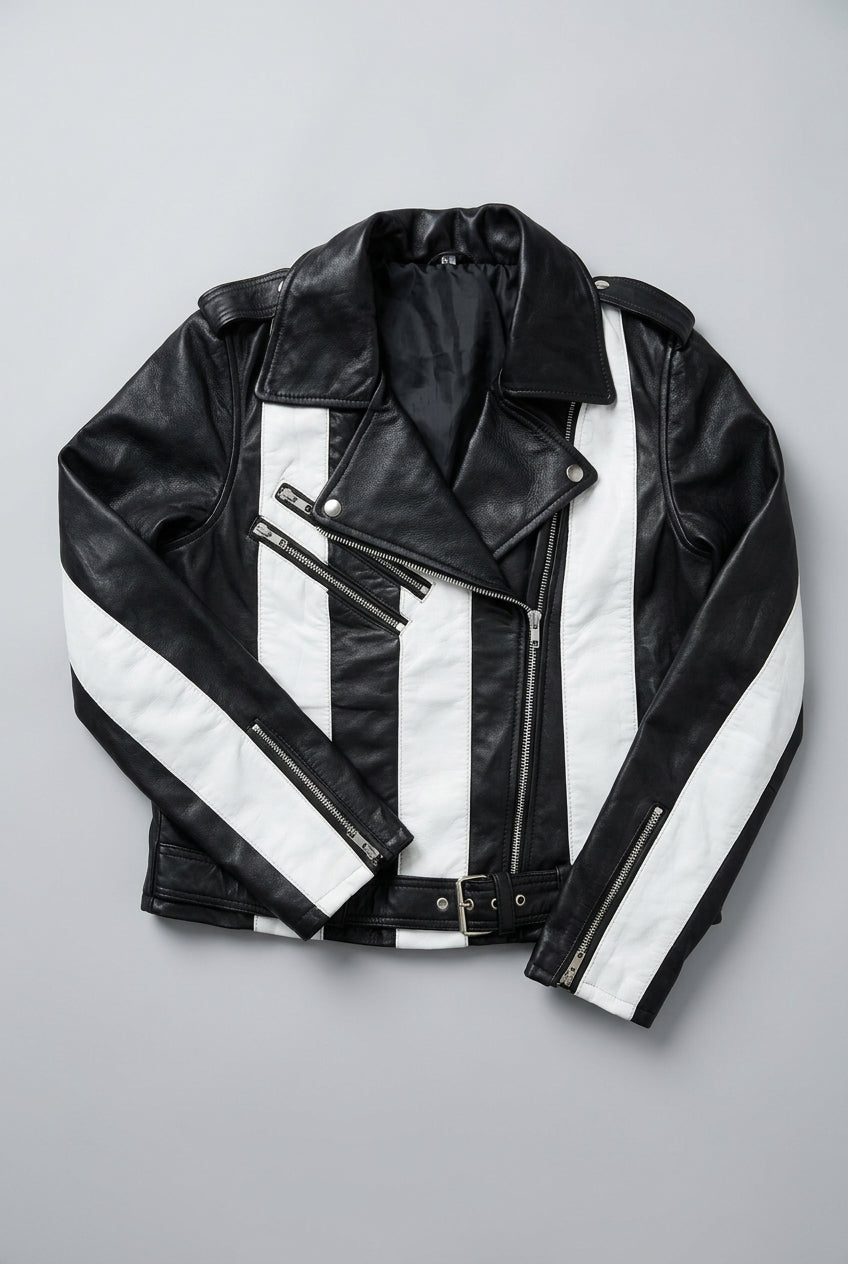 Women's Black and White Striped Leather Jacket