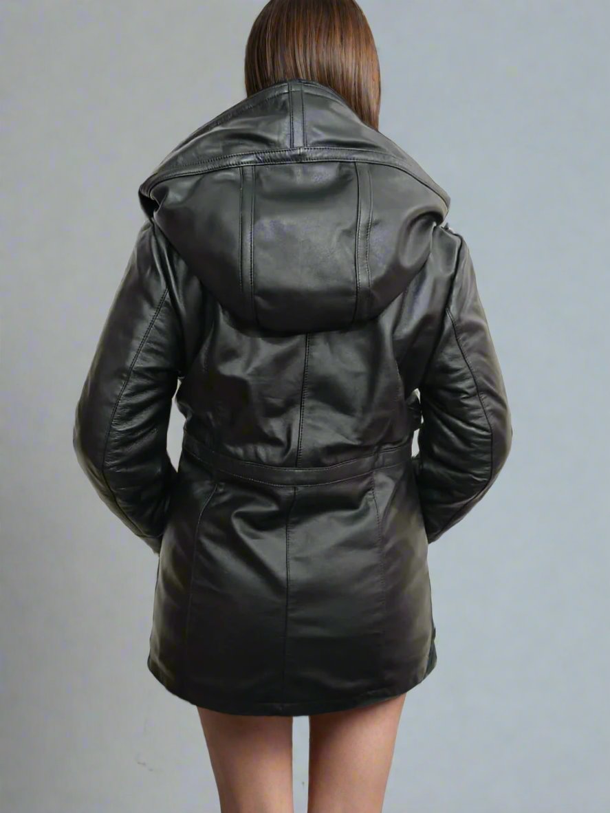 Women Leather Winter Hooded Jacket Black Fur Jacket