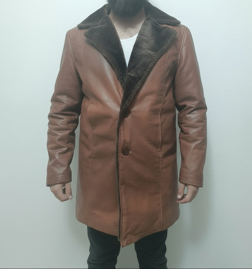 Man wearing a brown leather coat with fur lining against a white background