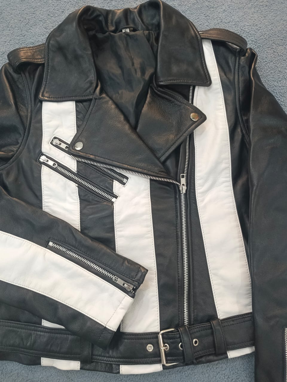 Women's Black and White Striped Leather Jacket