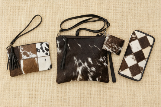 A set of cowhide laid flat on a beige textured background, including a wristlet clutch with a tassel, a shoulder bag with a long strap and tassel, a small zip pouch, and a phone case with a brown-and-white argyle pattern.