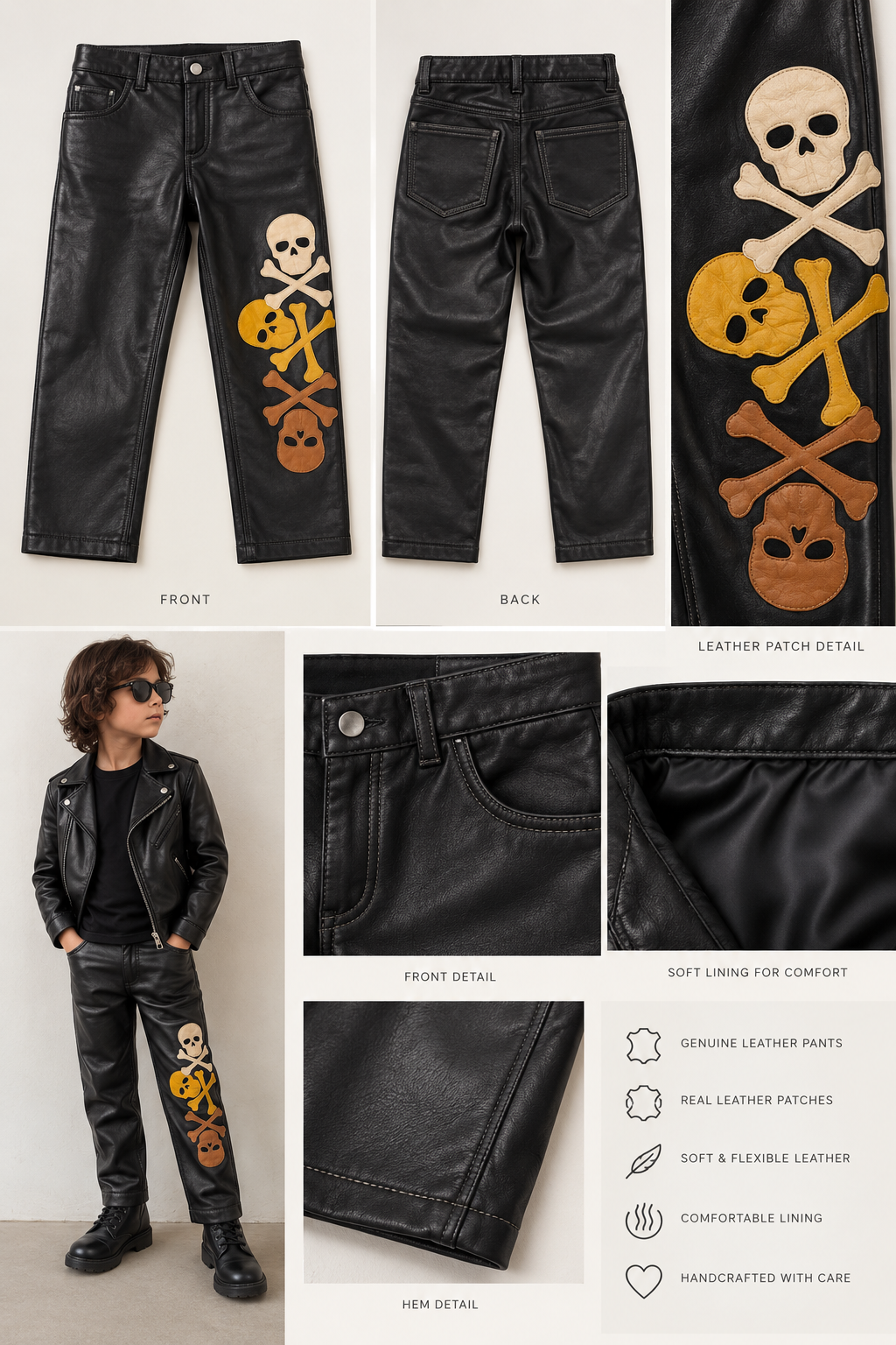 Kids Real Leather Streetwear Pants