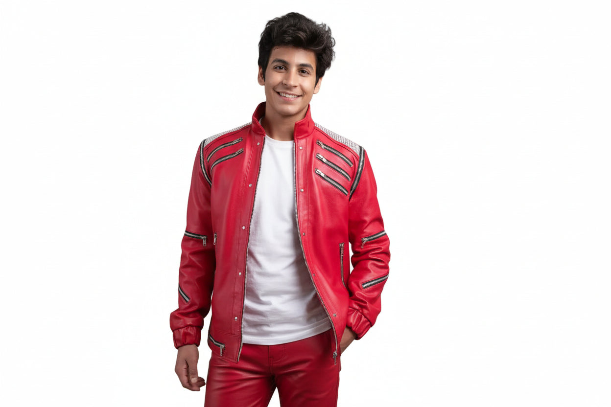 persona wearing a a red eat it michael jackson leather jacket and leather pants insde a white shirt , standing against a white wall  