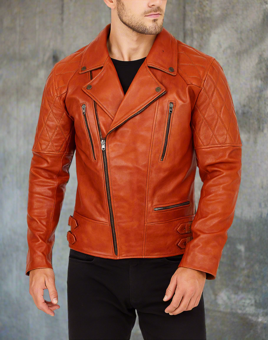 men wearing ornage leather jacket , orange motorcycle leatehr jacket 
