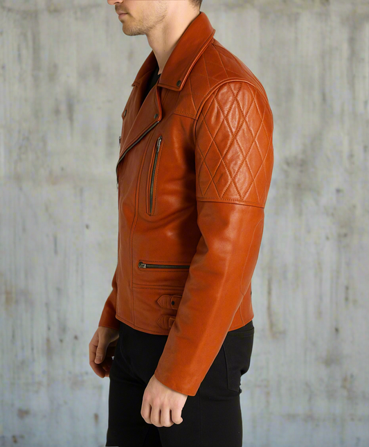 Man wearing an orange leather jacket on a  gry background