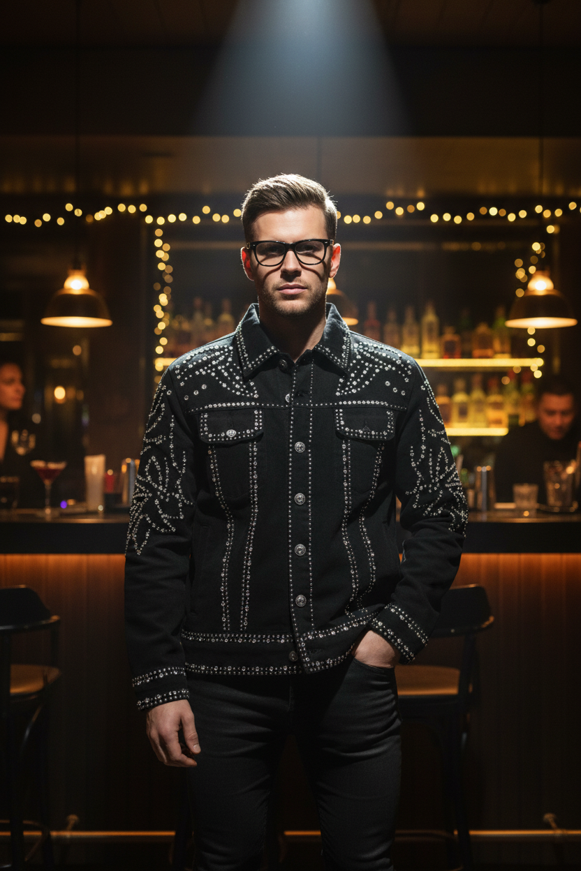 Man wearing a black jacket with white patterns in a bar setting