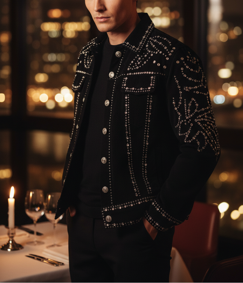 Person wearing a black jacket with silver embellishments in a dimly lit room.