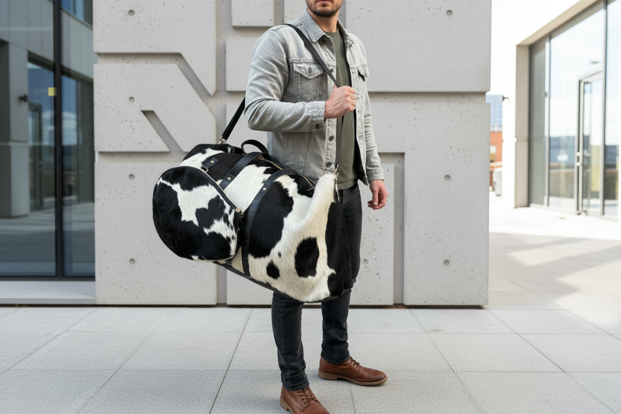 Person holding a cow-patterned duffel bag against a stone wall.