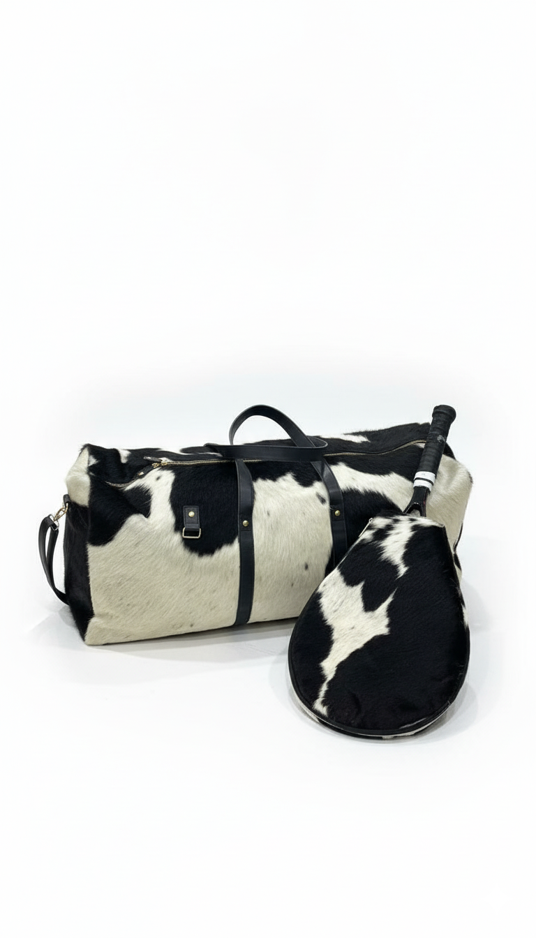Black and white cowhide duffel bag with matching pouch on a white background