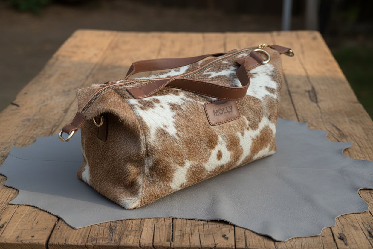 A cowhide dopp kit in cowhide   and brown leather handles and a brown leather brand patch reading 'MOLLY', placed on a gray leather piece and a wooden table