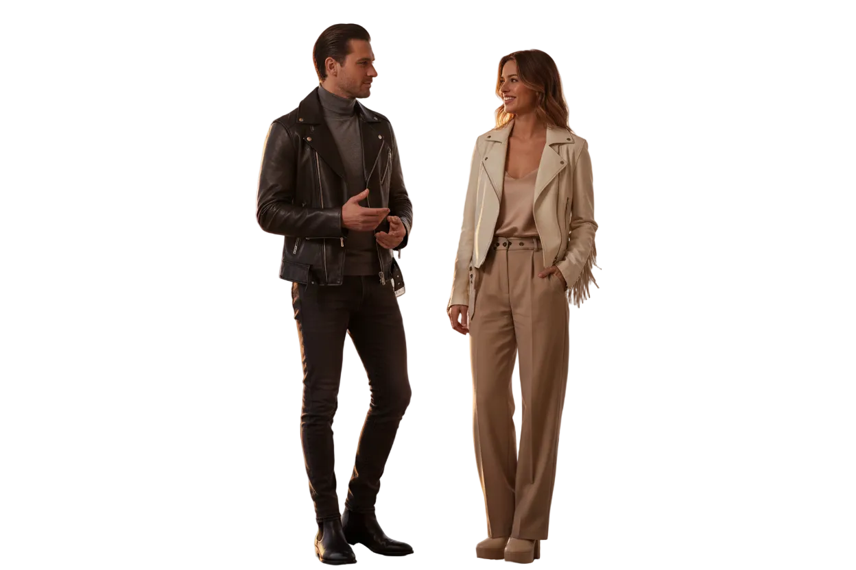 Two professionals in formal attire standing in a modern office with large windows.
