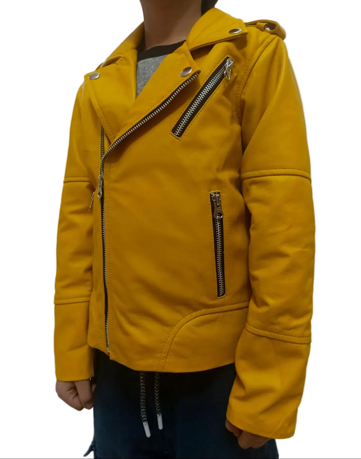 Yellow jacket with zippers worn by a person against a plain background