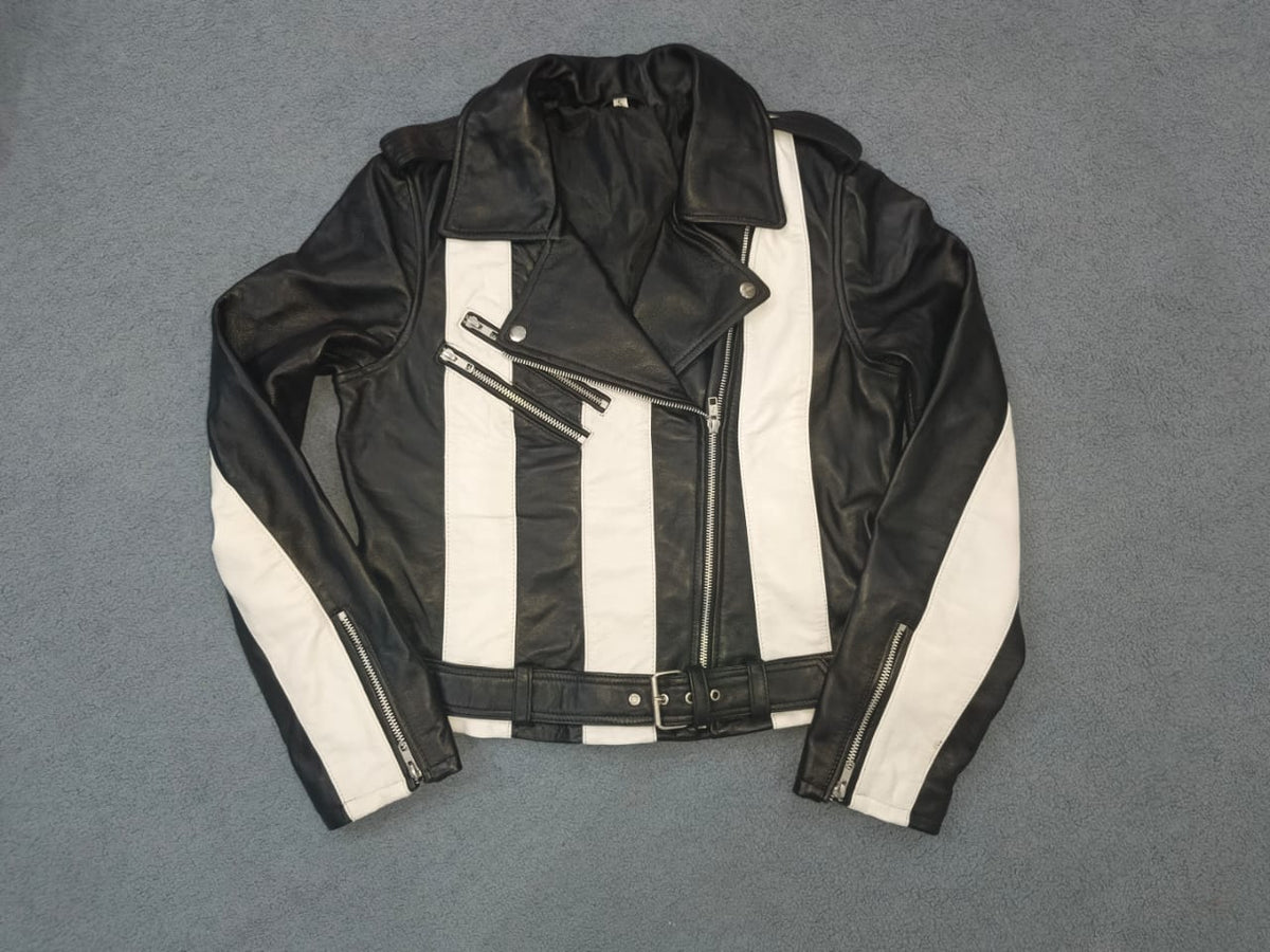 Women's Black and White Striped Leather Jacket