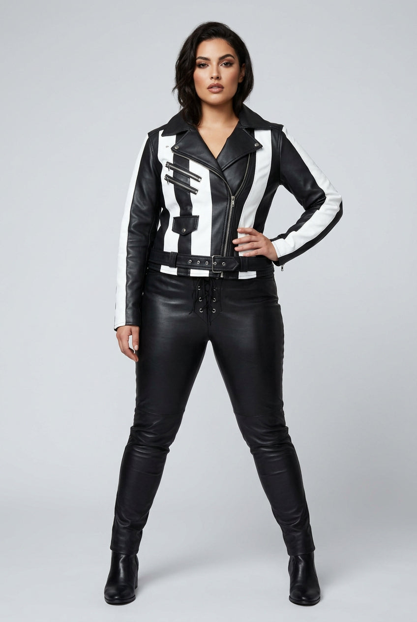 A black and white faux leather moto jacket with lace-up details, displayed on a white mannequin torso against a gray background.