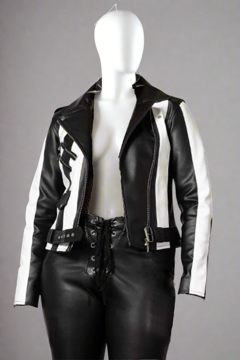 Women's Black and White Striped Leather Jacket