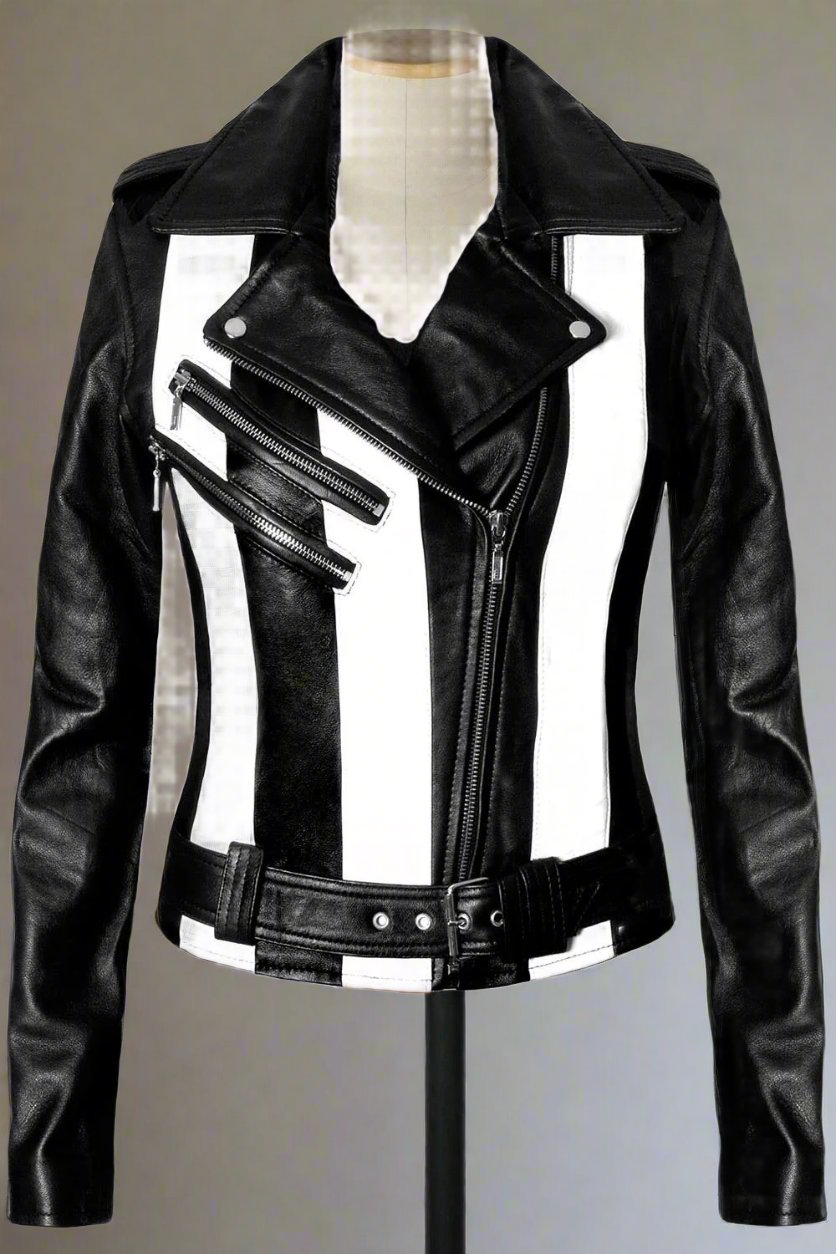 Women's Black and White Striped Leather Jacket