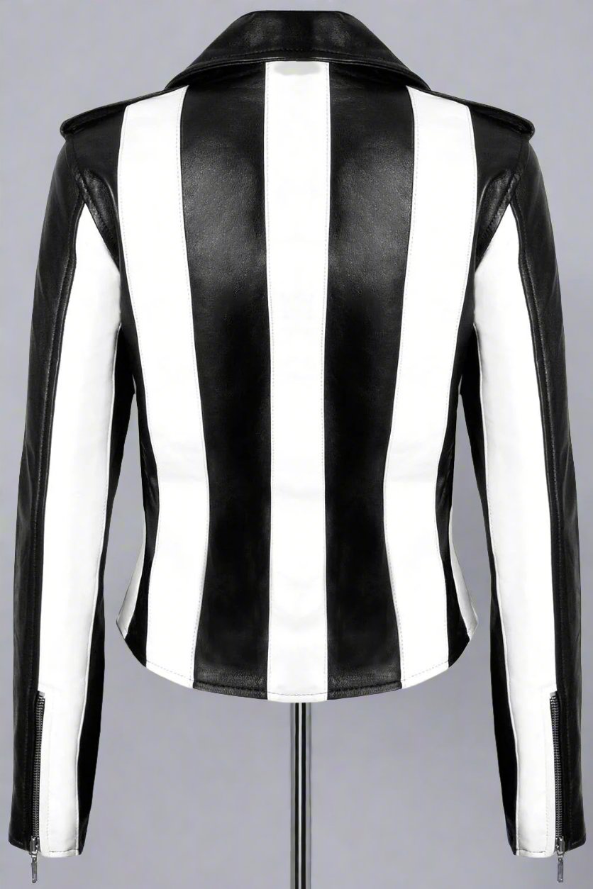 Women's Black and White Striped Leather Jacket