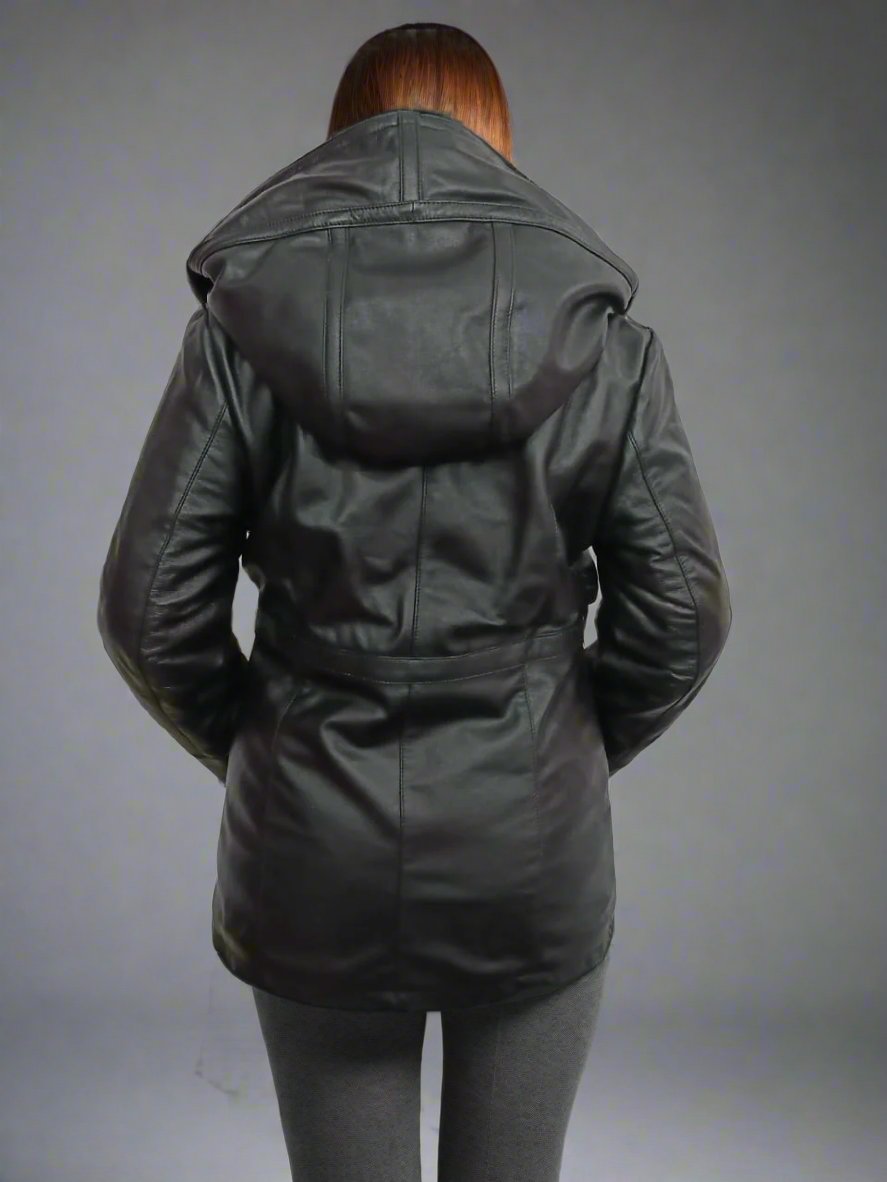 Women Leather Winter Hooded Jacket Black Fur Jacket