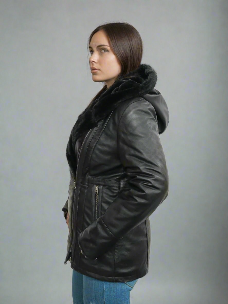Women Leather Winter Hooded Jacket Black Fur Jacket