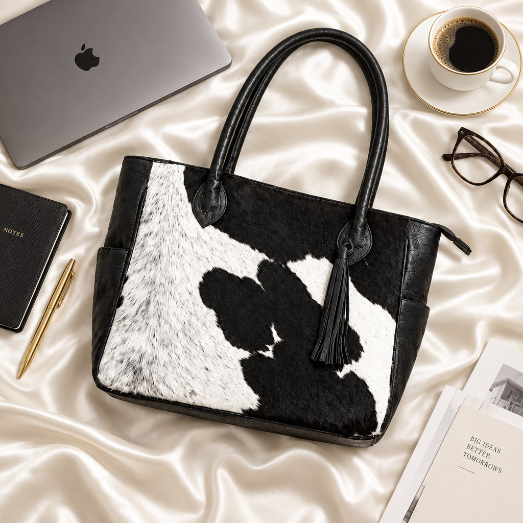 Black Cow hair on Large Tote Bag