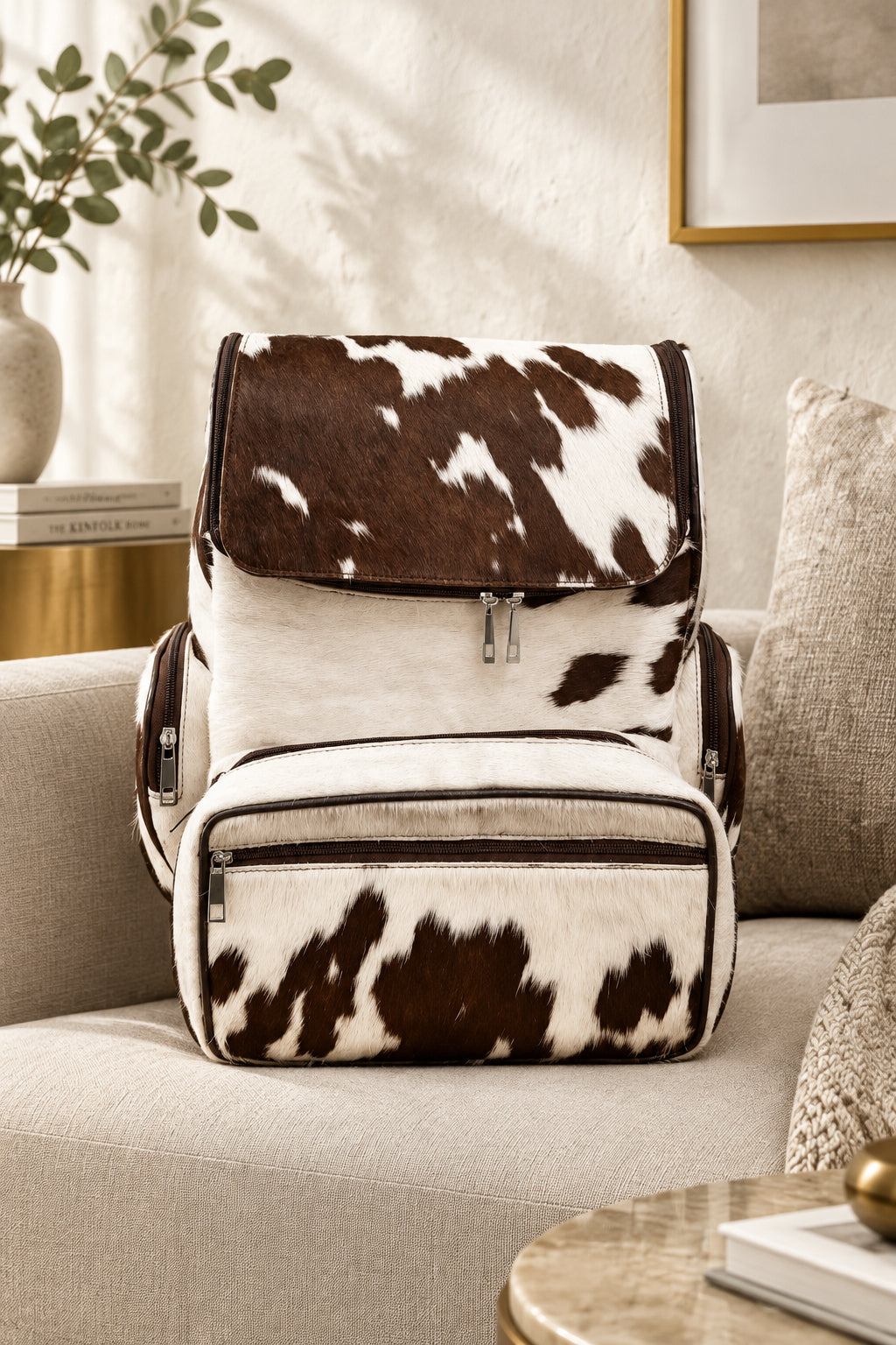 a briwn and white hair on cowhide leather backpack on a light sofa against a light textured wall
