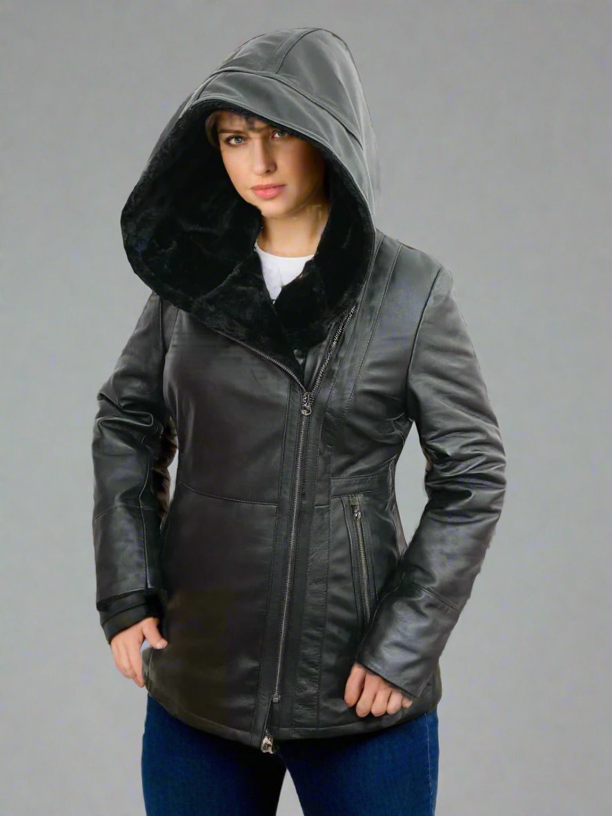 Women Leather Winter Hooded Jacket Black Fur Jacket