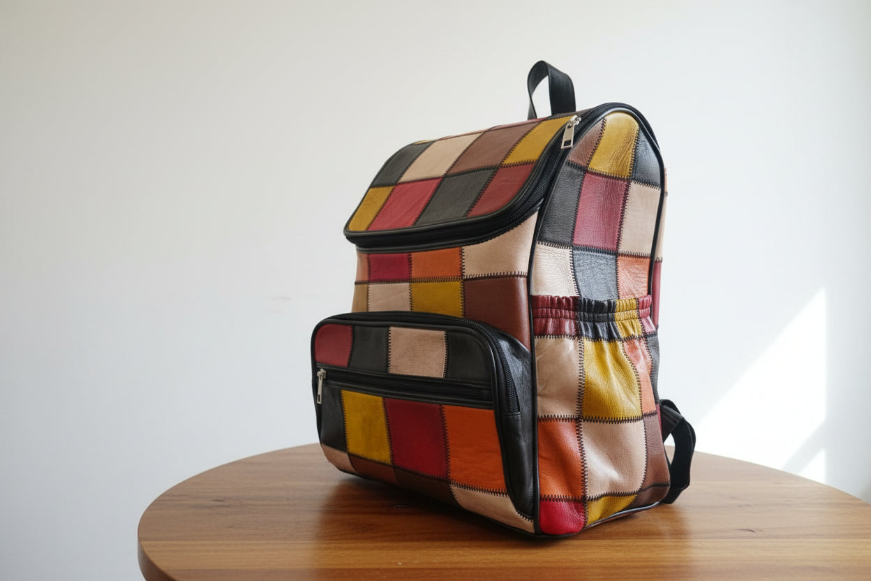 Colorful patchwork backpack on a textured surface with a teddy bear in the background