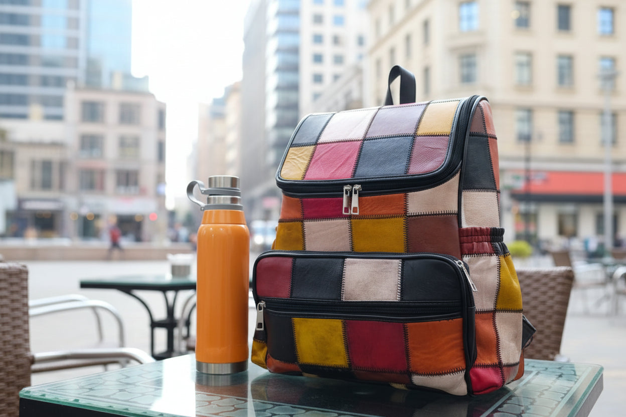 Colorful patchwork backpack and orange water bottle on a glass surface with wooden background