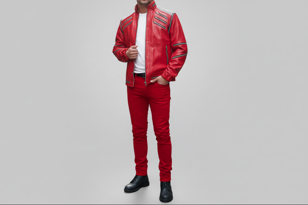 men wearing Michael Jackson beat it leather jacket satndign against a wall 