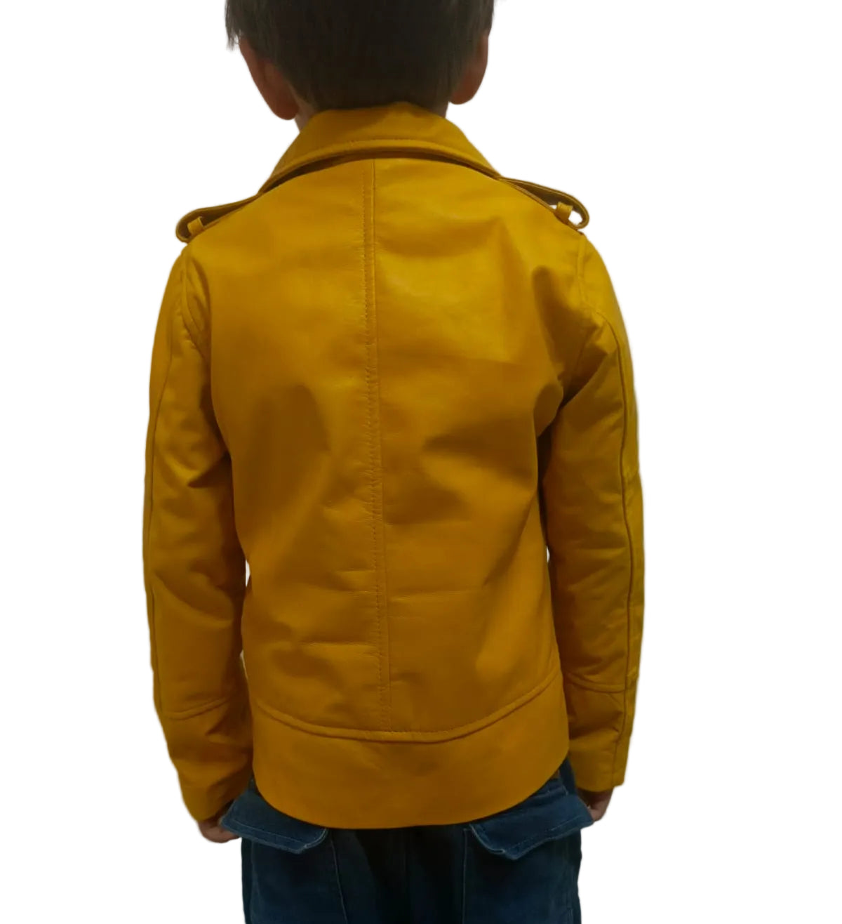 Child wearing a yellow jacket against a plain white background