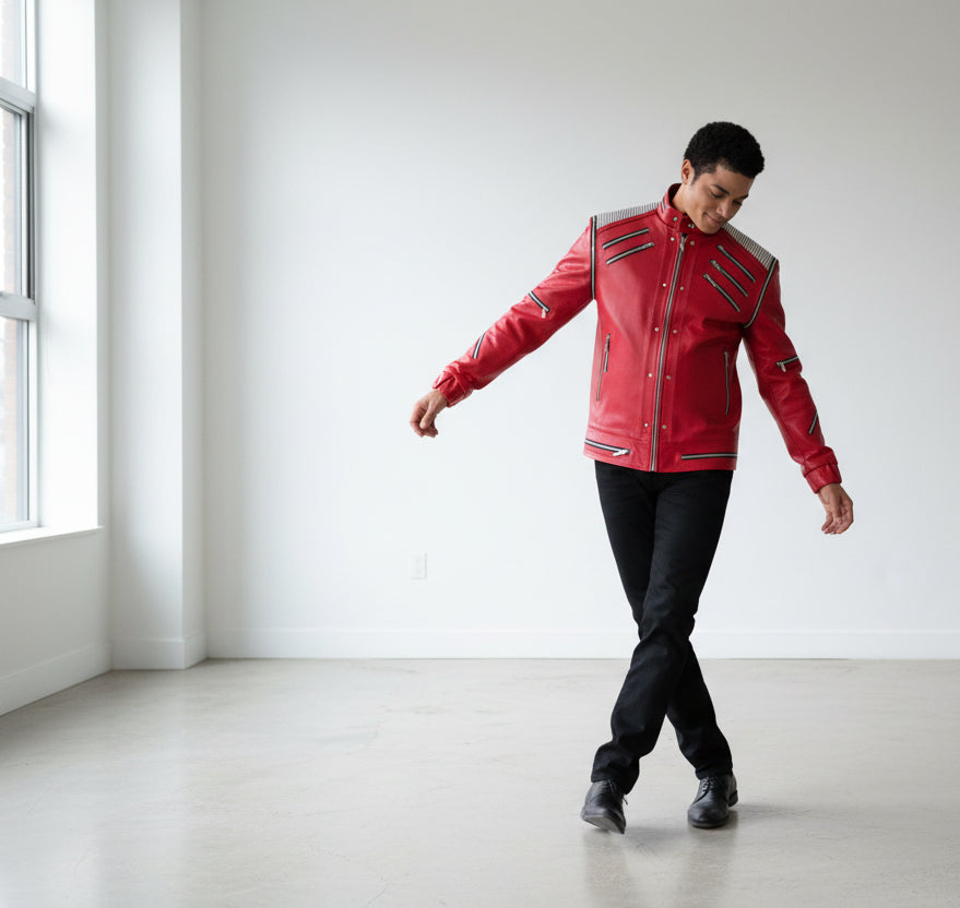 Person wearing a red leather jacket with black accents against a white wall background